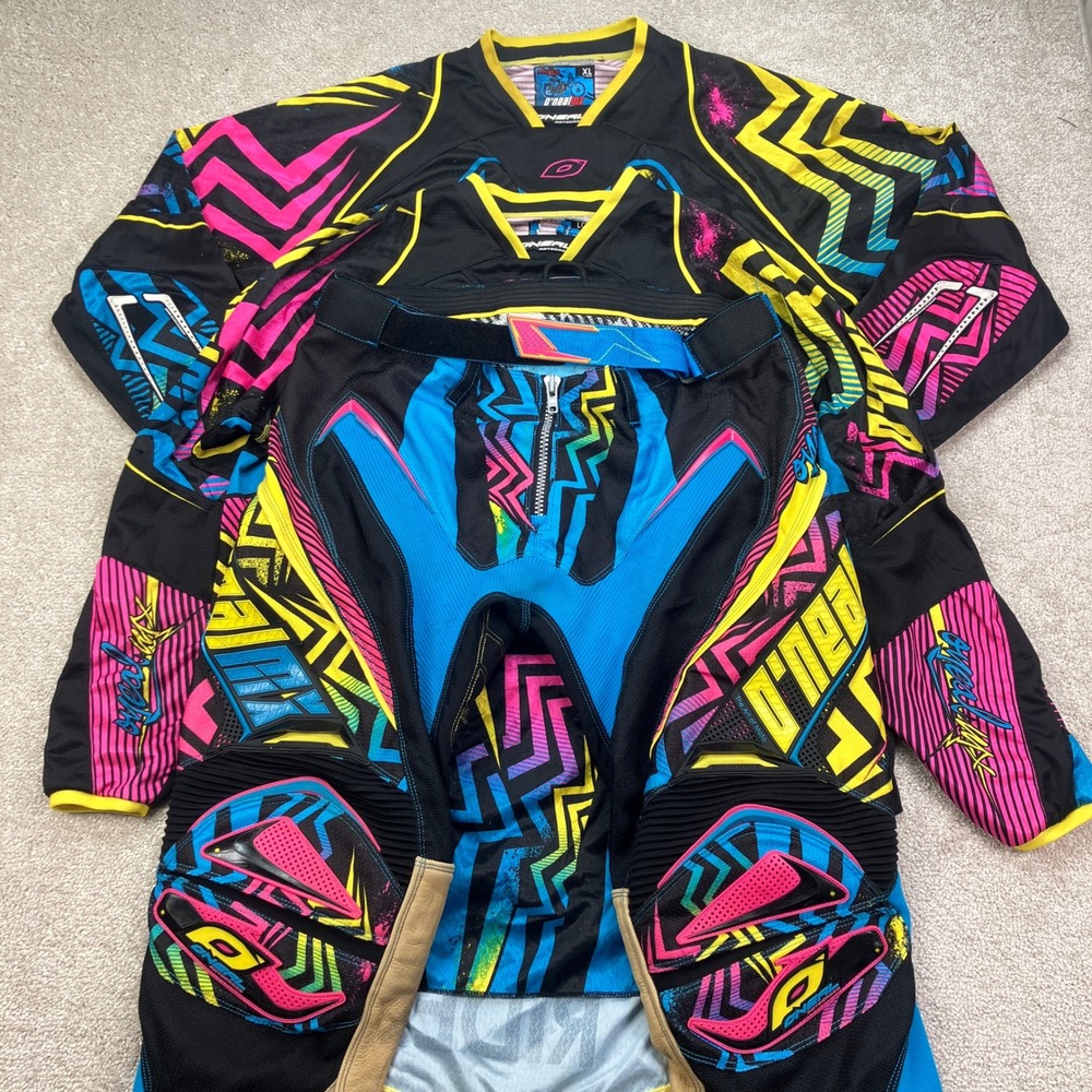 O'Neal Men XL Motocross Jersey Pants 36 Set Black Neon Pink Blue Yellow Hardwear